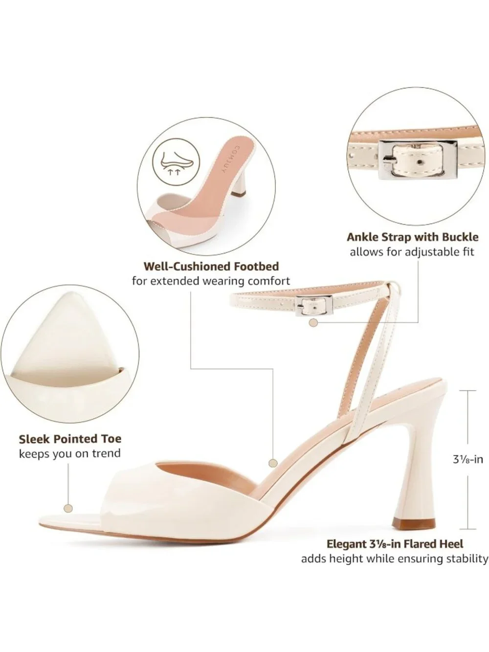 Women's Beige Peep Pointed Toe Kitten Heeled Sandals Strappy Flared Heels Shoes
